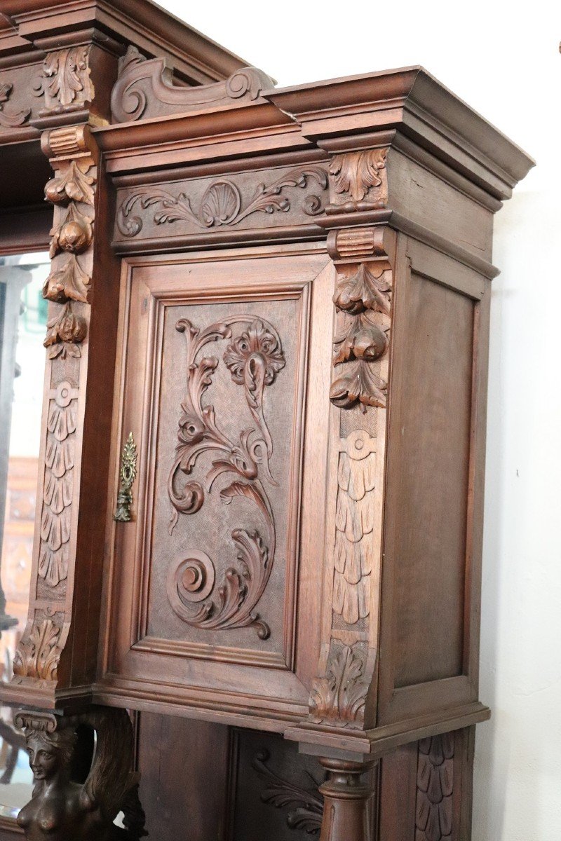 Credenza grande in legno di noce intagliato, XIX secolo-photo-4