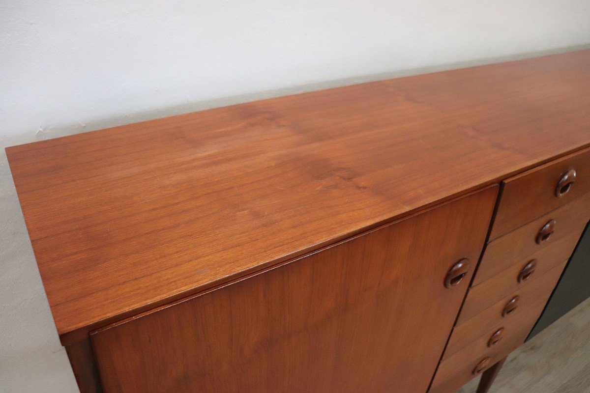 Credenza lunga impiallacciata in teak, anni '60-photo-7