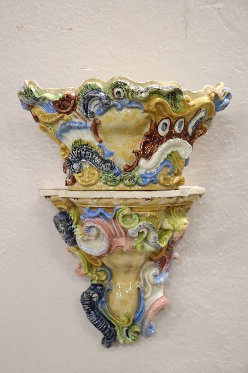 mensole con vaso in maiolica secolo XIX-photo-2