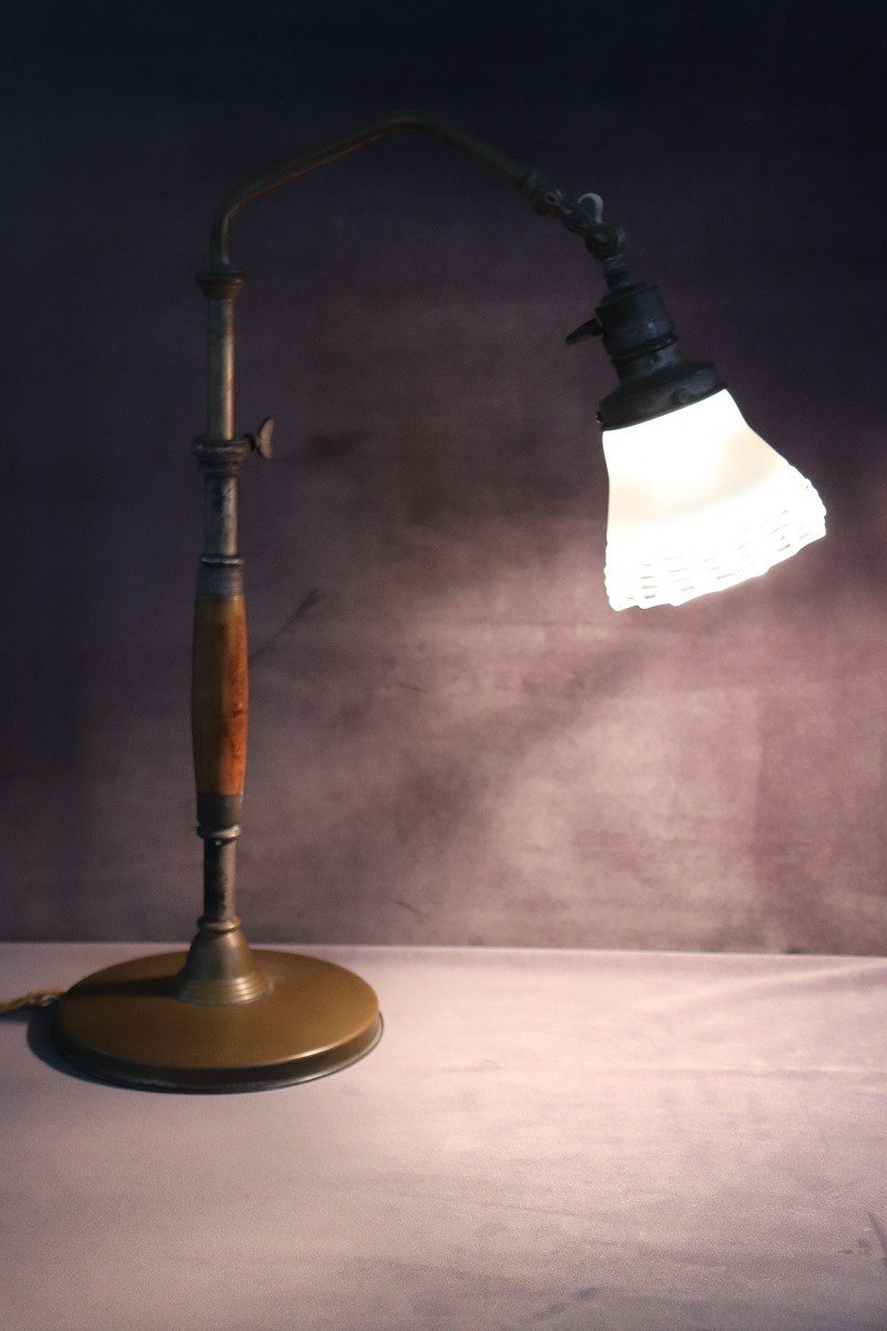 Lampada da tavolo vintage in ottone e vetro, anni '30-photo-2