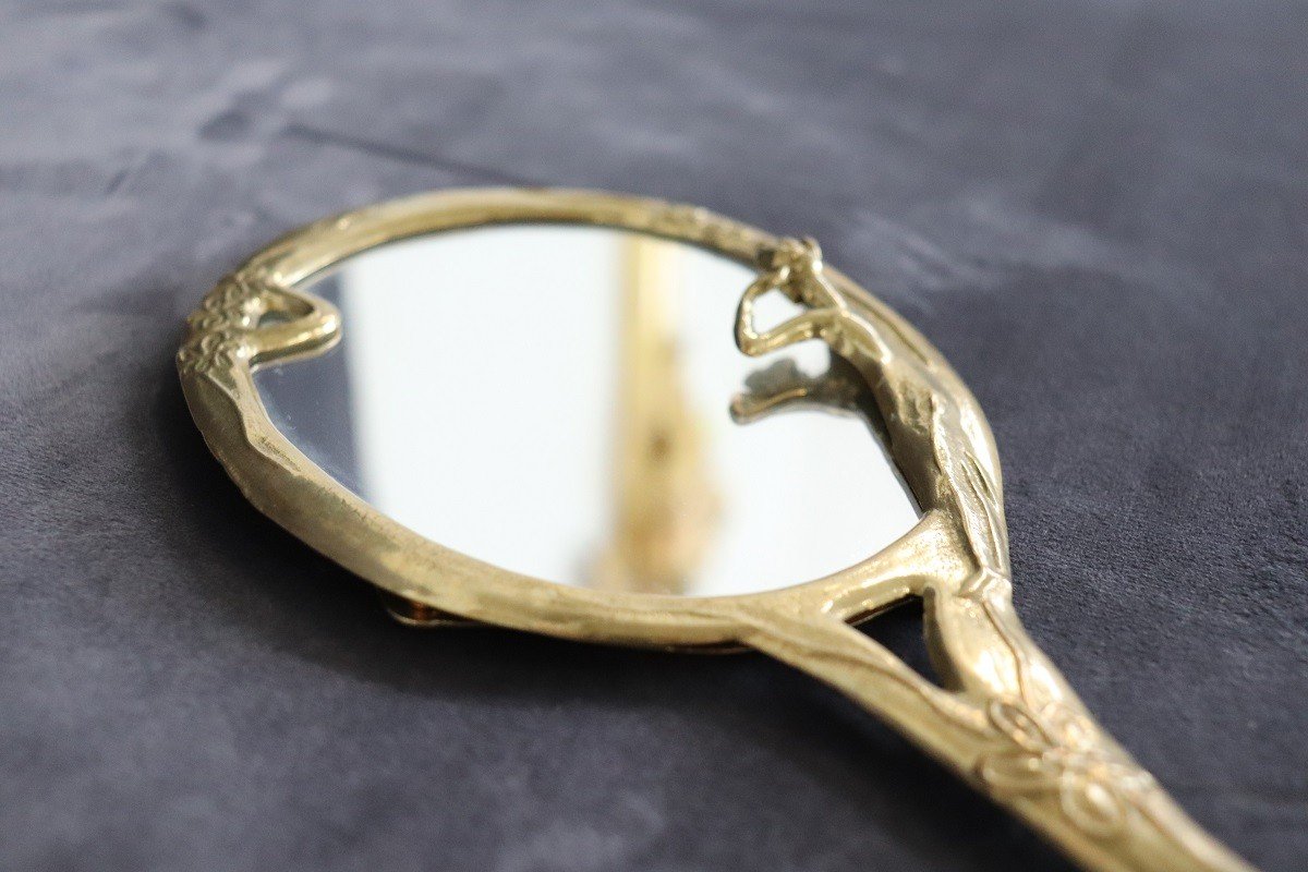 Specchio a mano in ottone dorato, anni '80-photo-3