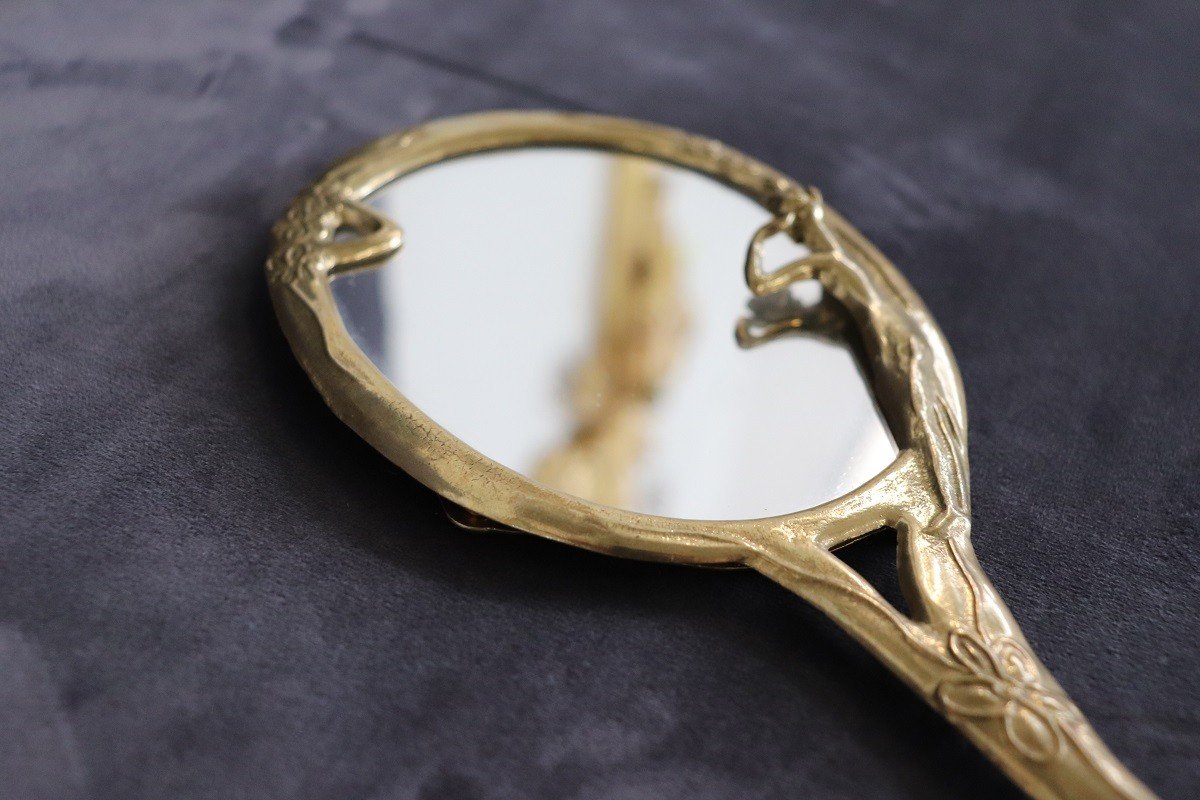 Specchio a mano in ottone dorato, anni '80-photo-1