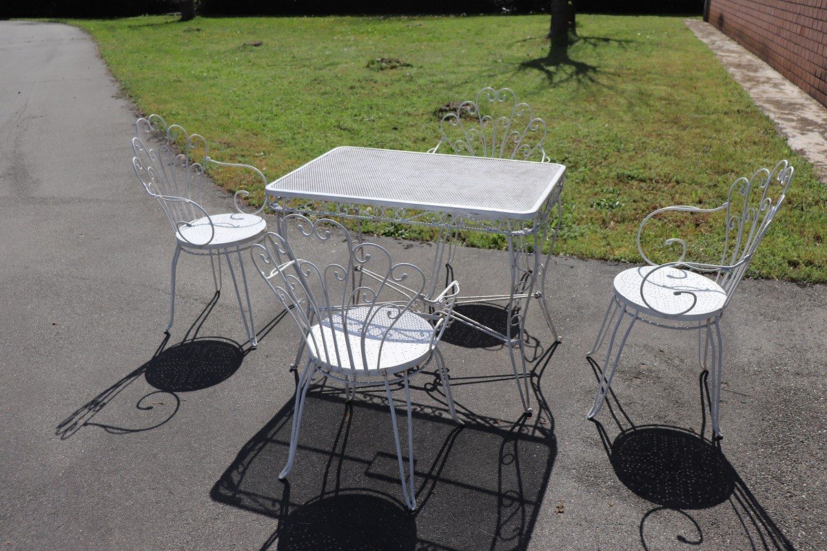 Set da giardino in ferro bianco con tavolo e poltrone, anni '70-photo-2