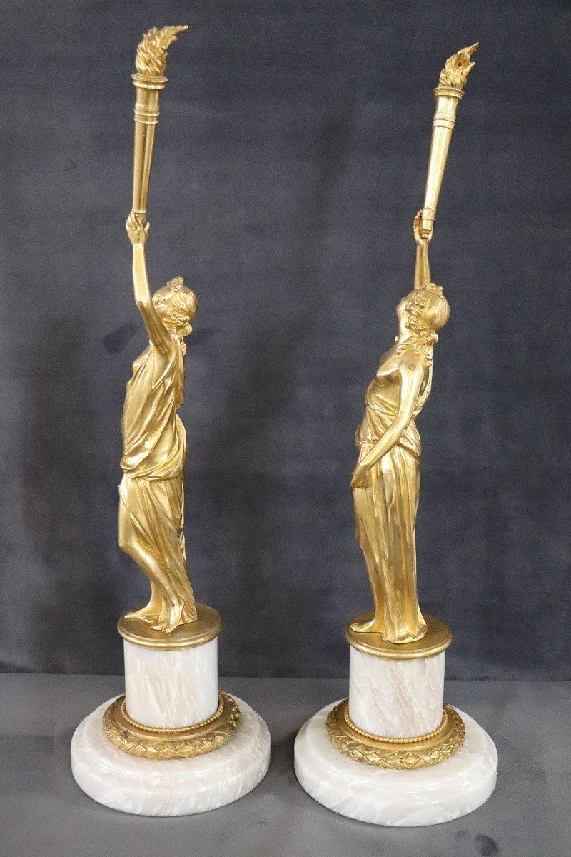 Figure scultoree, bronzo dorato su basi in alabastro, inizio XX secolo, set di 2-photo-4