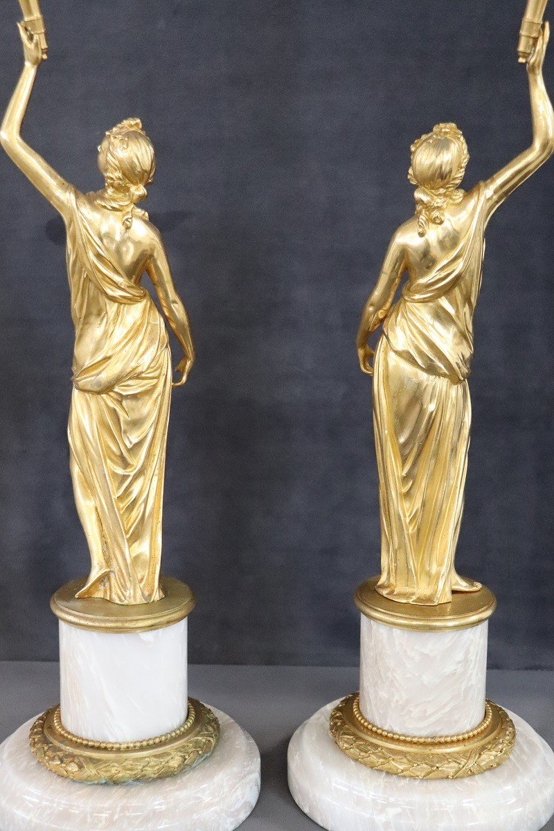 Figure scultoree, bronzo dorato su basi in alabastro, inizio XX secolo, set di 2-photo-6