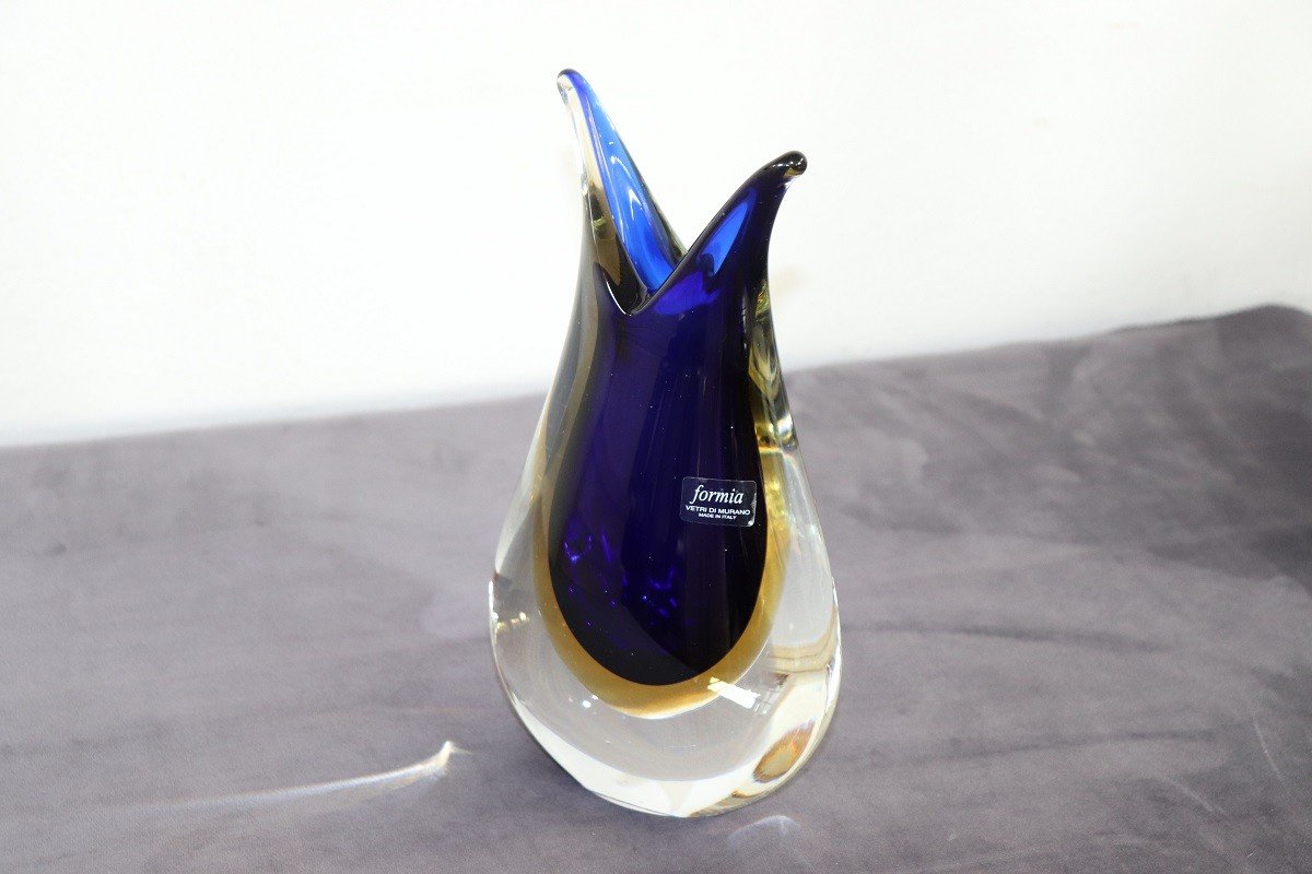 Vaso in vetro di Murano blu e giallo di Formia, anni '70-photo-3