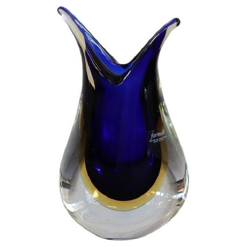 Vaso in vetro di Murano blu e giallo di Formia, anni '70