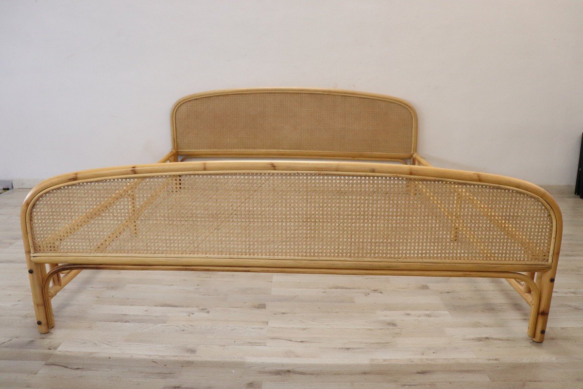 Letto matrimoniale in bambù e paglia di Vienna, anni '80-photo-3