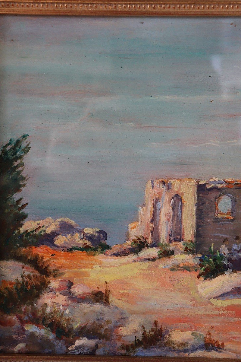Scogliera sul mare, Dipinto ad olio su tavola-photo-2