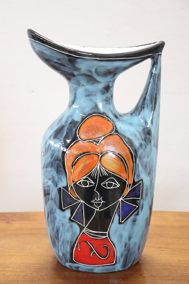 Vaso in ceramica con decoro volto di ragazza, anni '60-photo-4