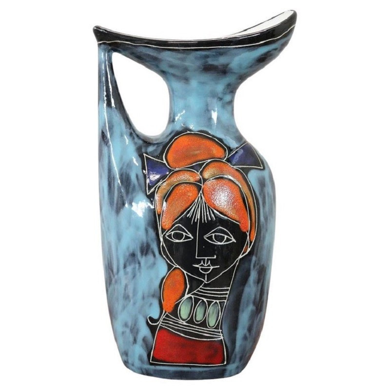 Vaso in ceramica con decoro volto di ragazza, anni '60