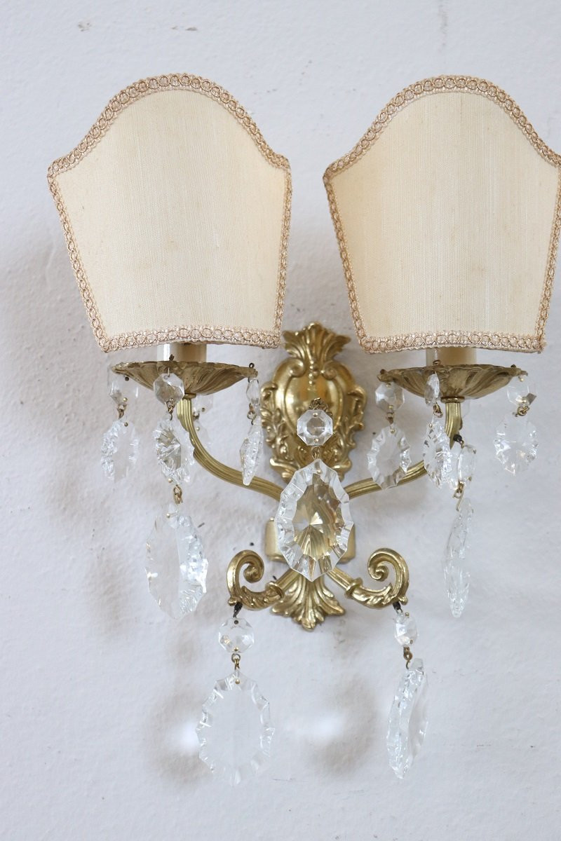 Applique in bronzo dorato e cristallo, anni '80, set di 2-photo-3