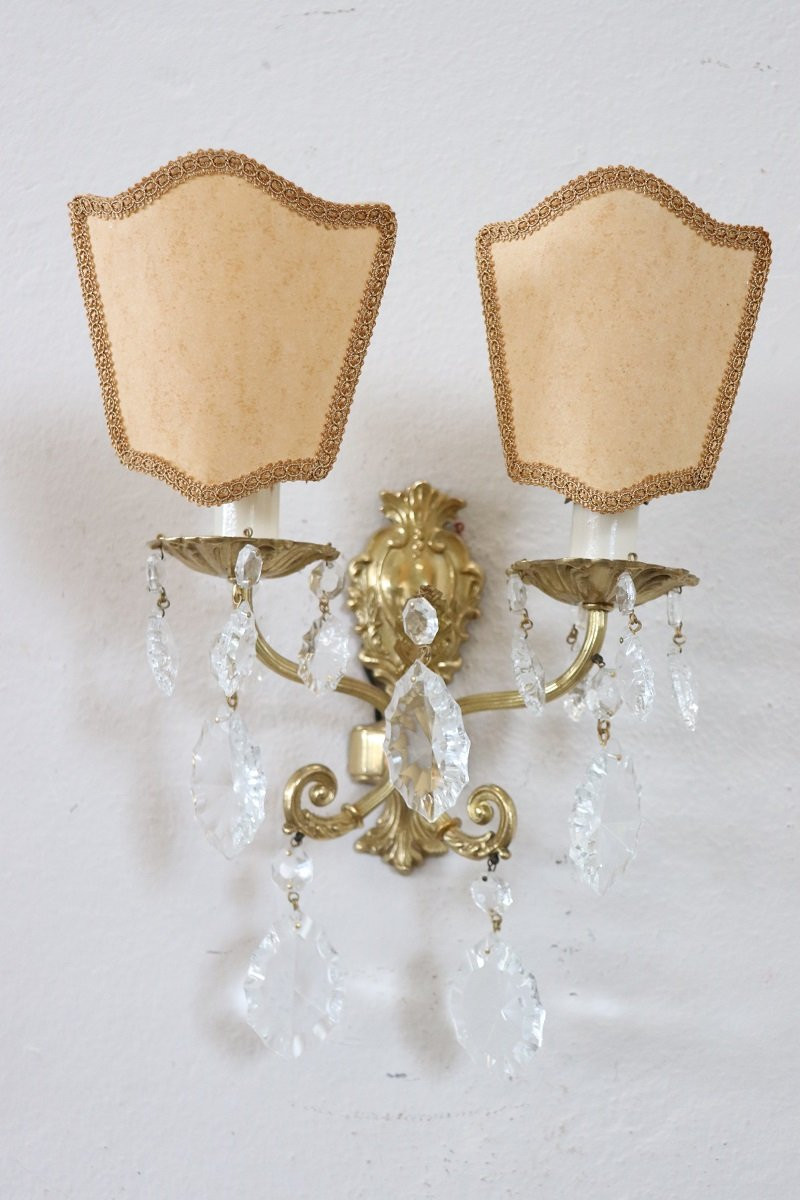 Applique in bronzo dorato e cristallo, anni '80, set di 2-photo-2
