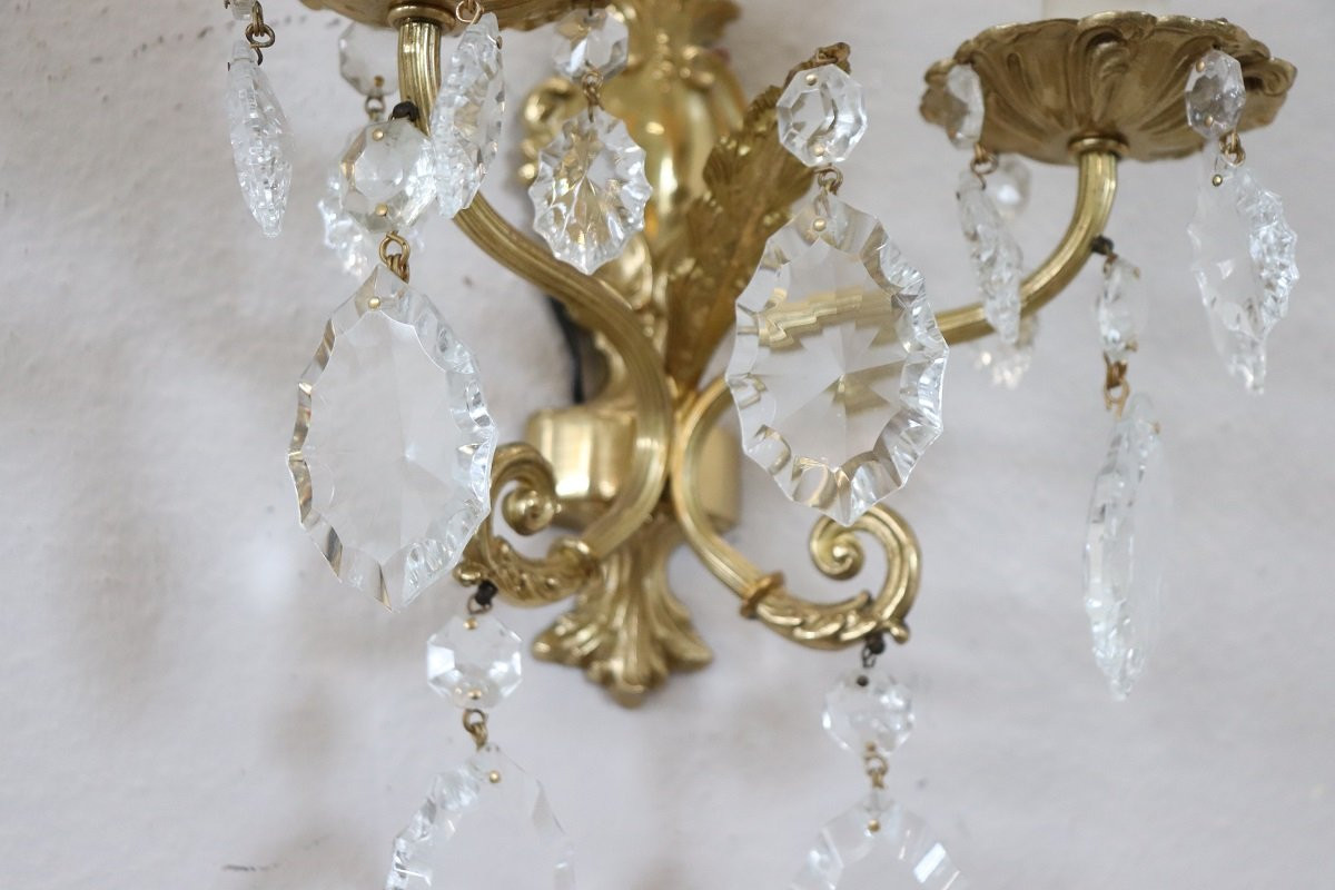 Applique in bronzo dorato e cristallo, anni '80, set di 2-photo-4