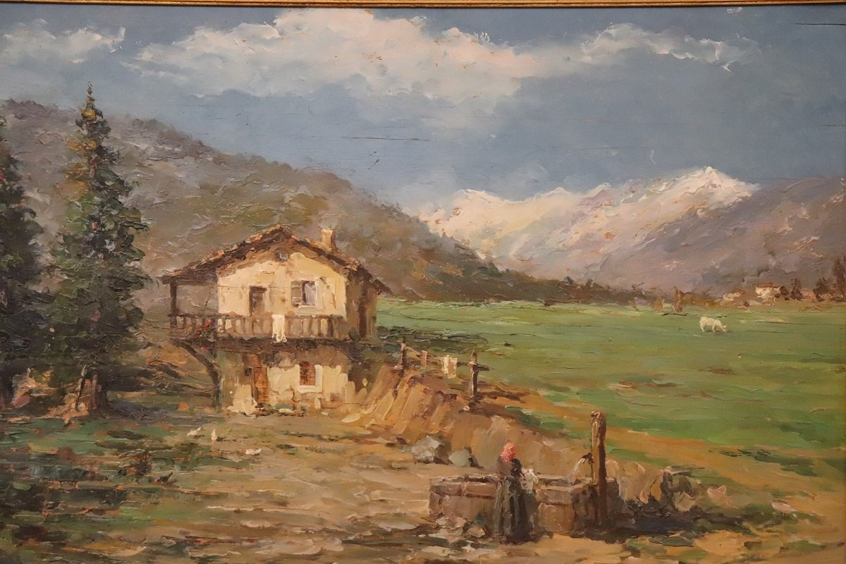 Paesaggio di montagna italiano, dipinto ad olio firmato, XX secolo-photo-2