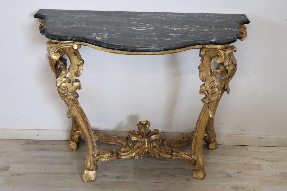 Tavolo consolle antico in legno dorato con piano in marmo, Italia, XVIII secolo-photo-2