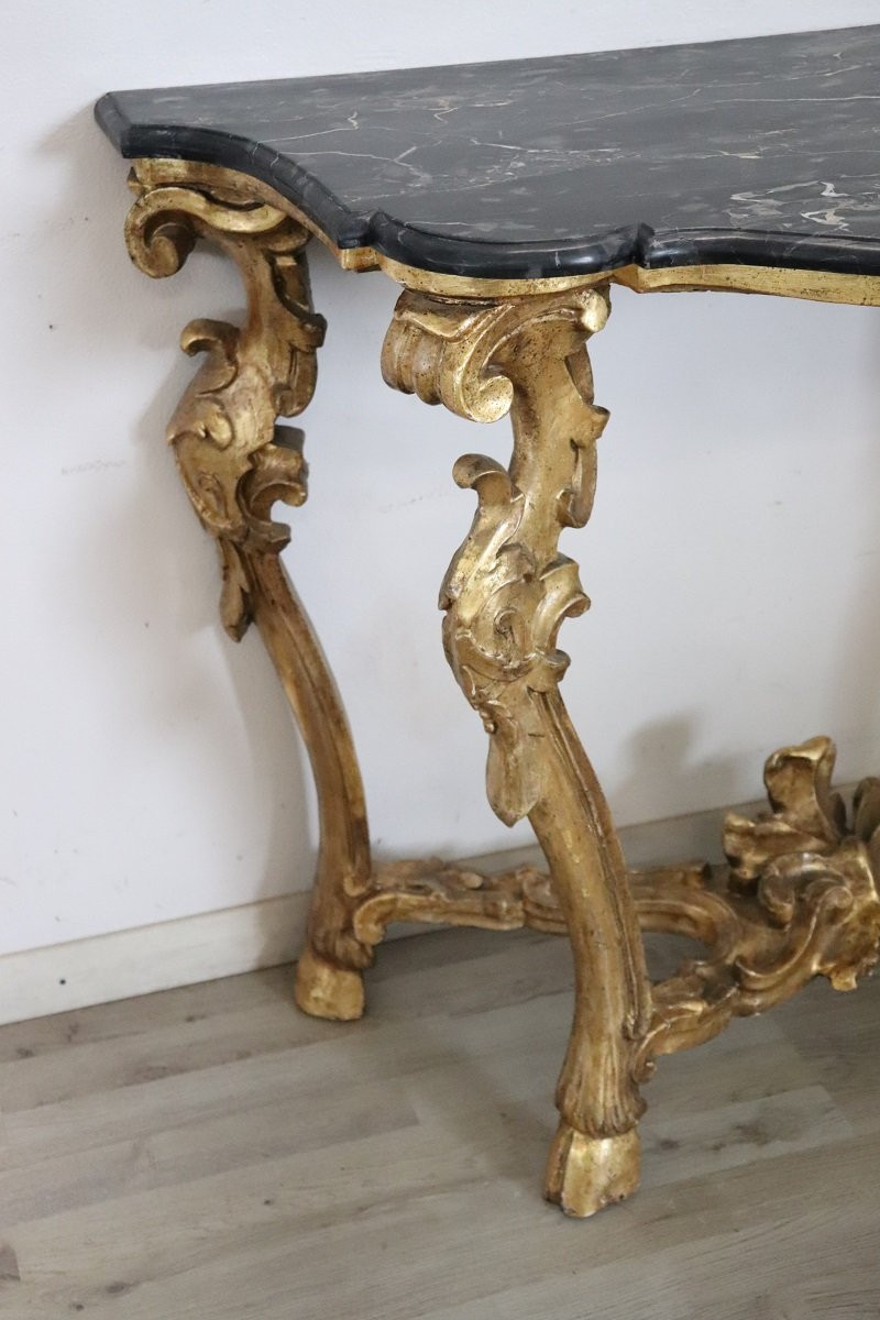Tavolo consolle antico in legno dorato con piano in marmo, Italia, XVIII secolo-photo-3