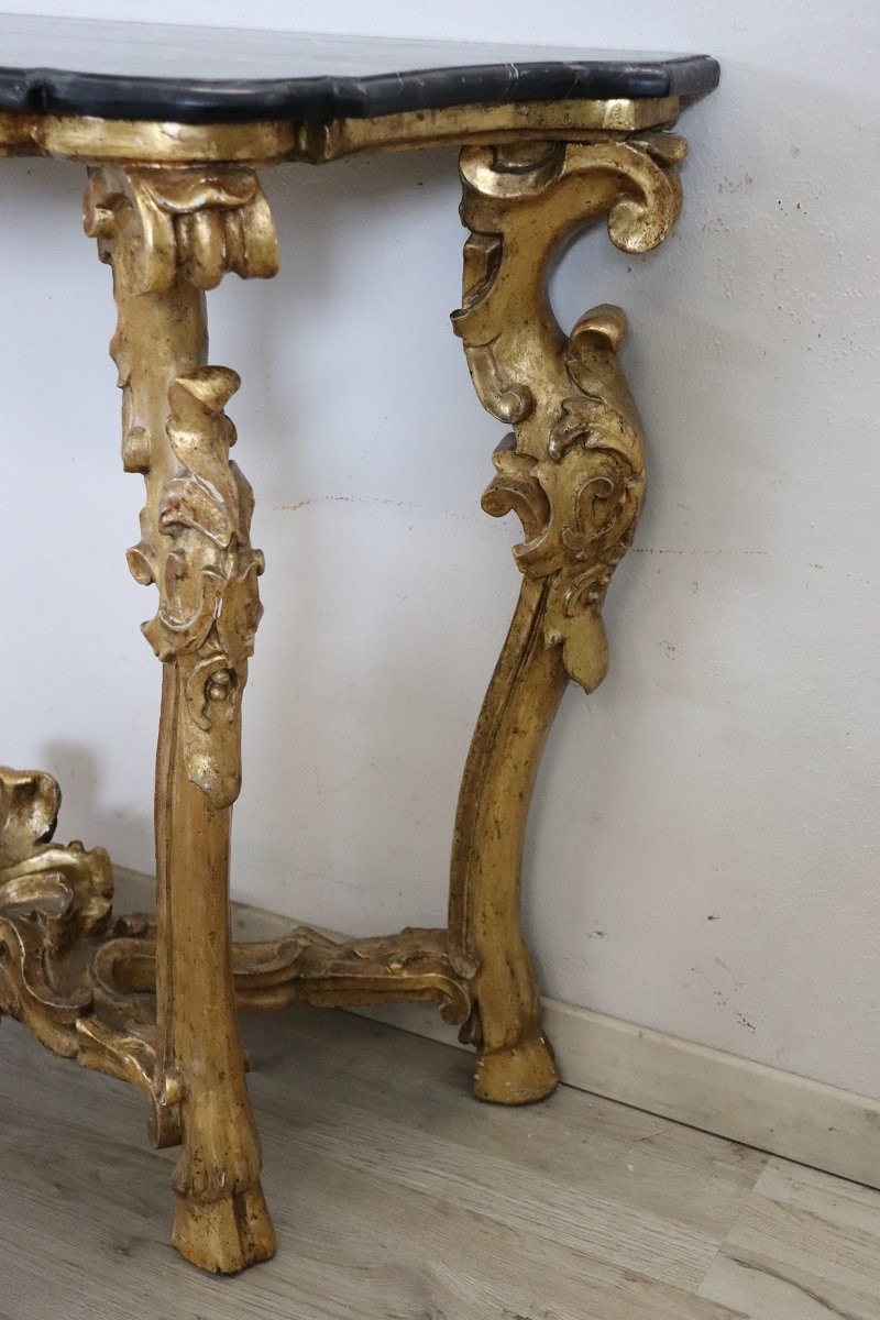 Tavolo consolle antico in legno dorato con piano in marmo, Italia, XVIII secolo-photo-1