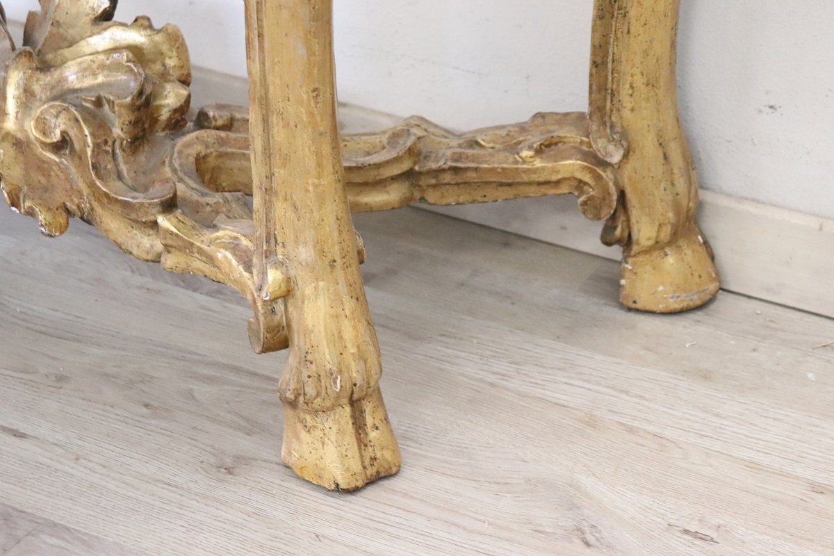 Tavolo consolle antico in legno dorato con piano in marmo, Italia, XVIII secolo-photo-2