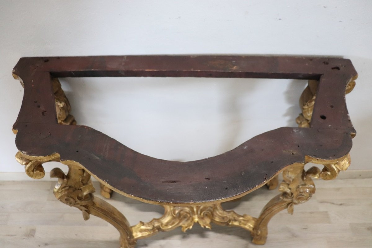 Tavolo consolle antico in legno dorato con piano in marmo, Italia, XVIII secolo-photo-6