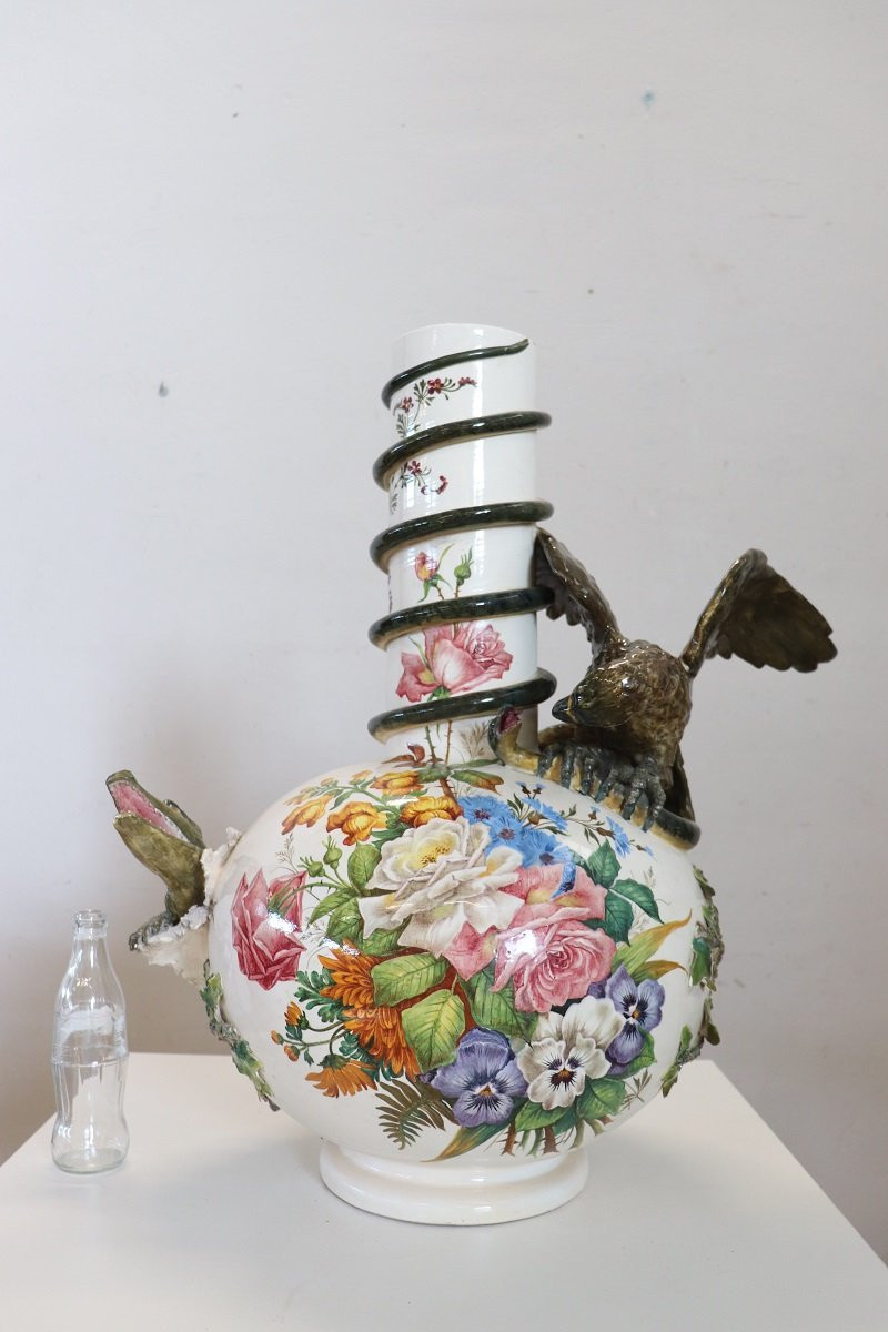 Maestoso vaso in ceramica con aquila e coccodrillo, Italia inizio XX secolo-photo-2