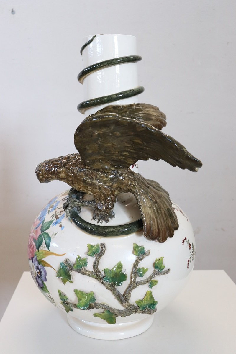 Maestoso vaso in ceramica con aquila e coccodrillo, Italia inizio XX secolo-photo-3