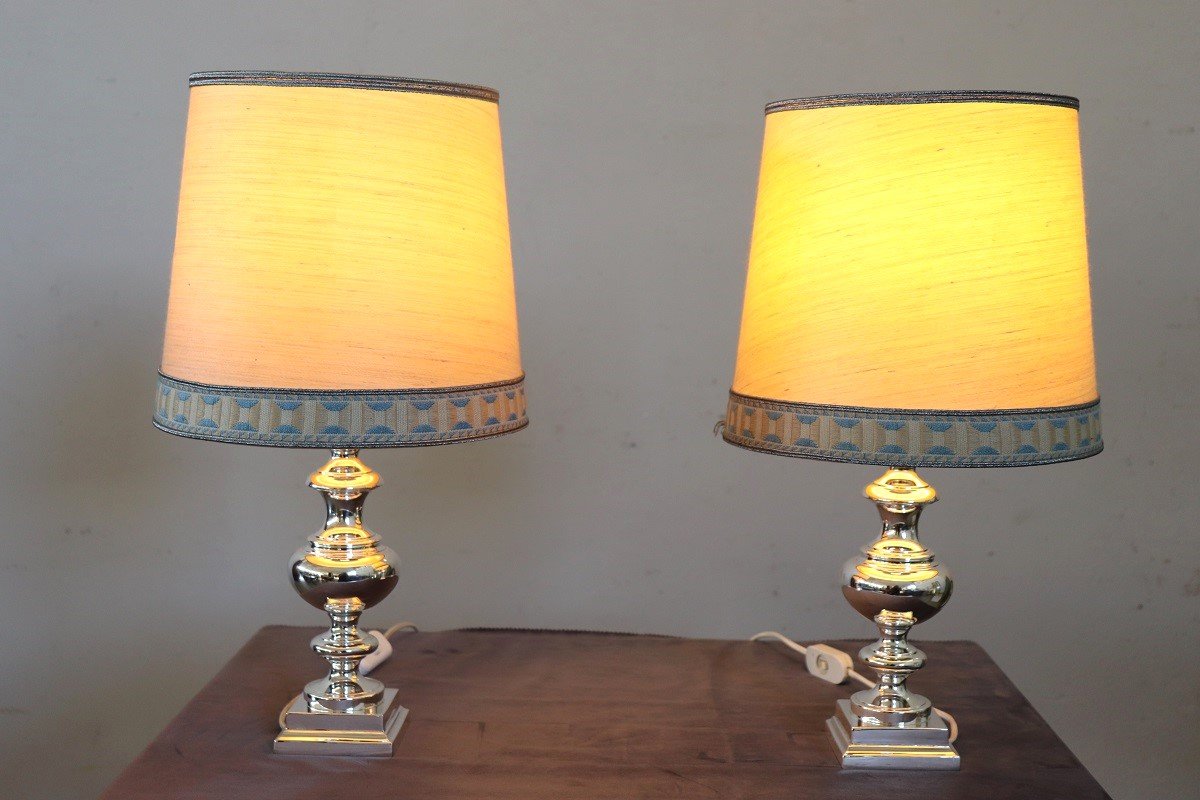 Elegante coppia di lampade da comodino in metallo argentato, Italia anni '70-photo-6