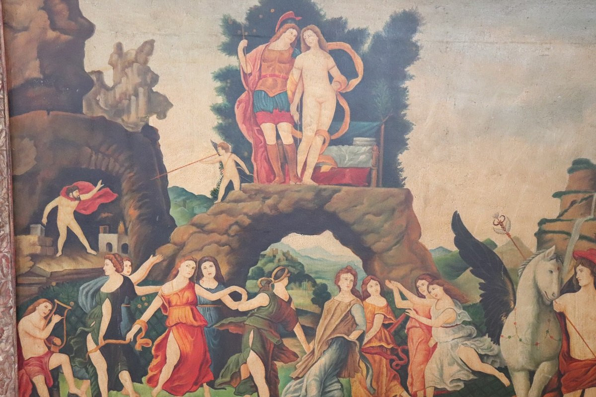Grande dipinto a olio su tela, scena mitologica, Italia XX secolo-photo-2
