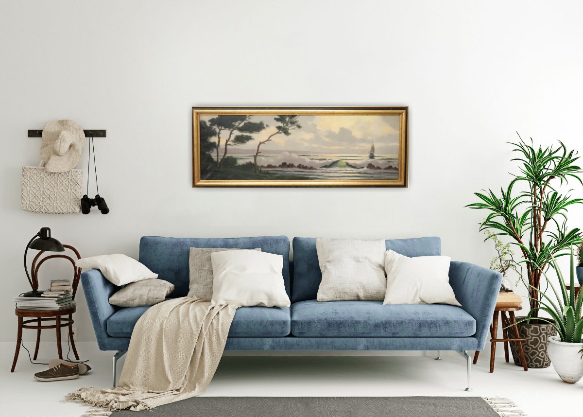 Dipinto ad olio su tela firmato L. Boulnois, Paesaggio marino-photo-8