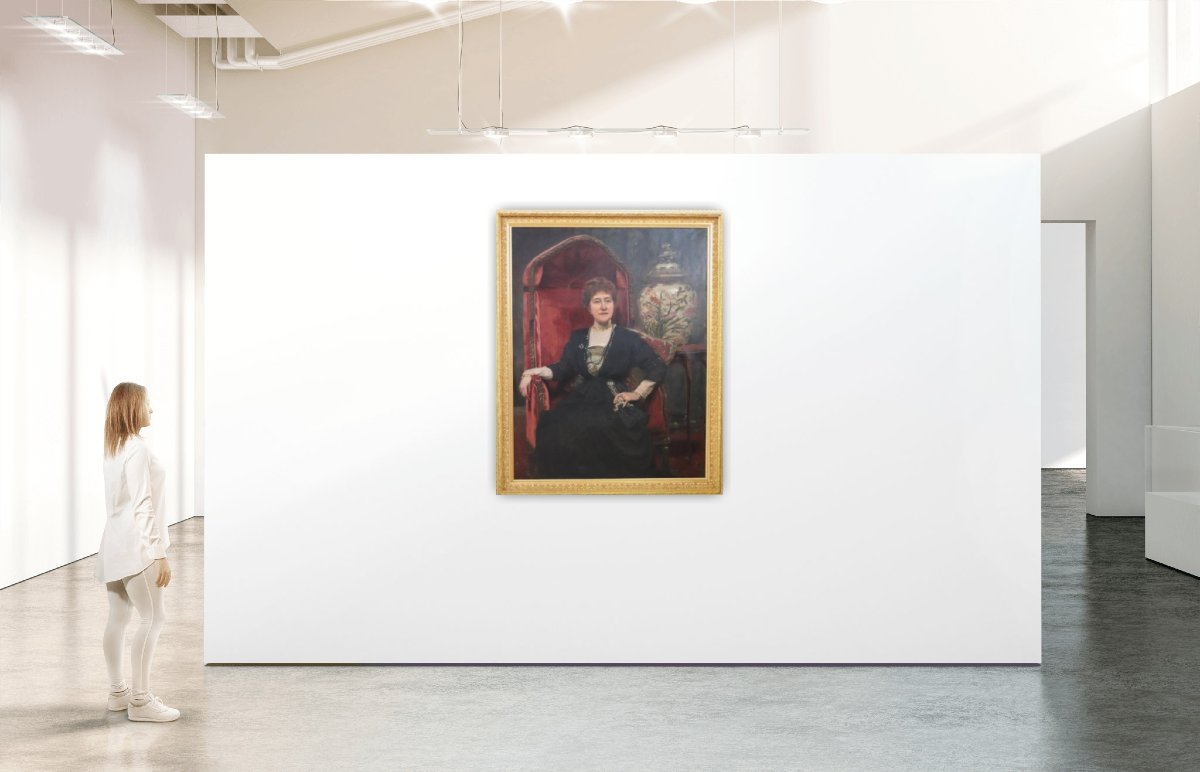 Grande dipinto a olio su tela, Ritratto di una signora, firmato e datato 1913-photo-4