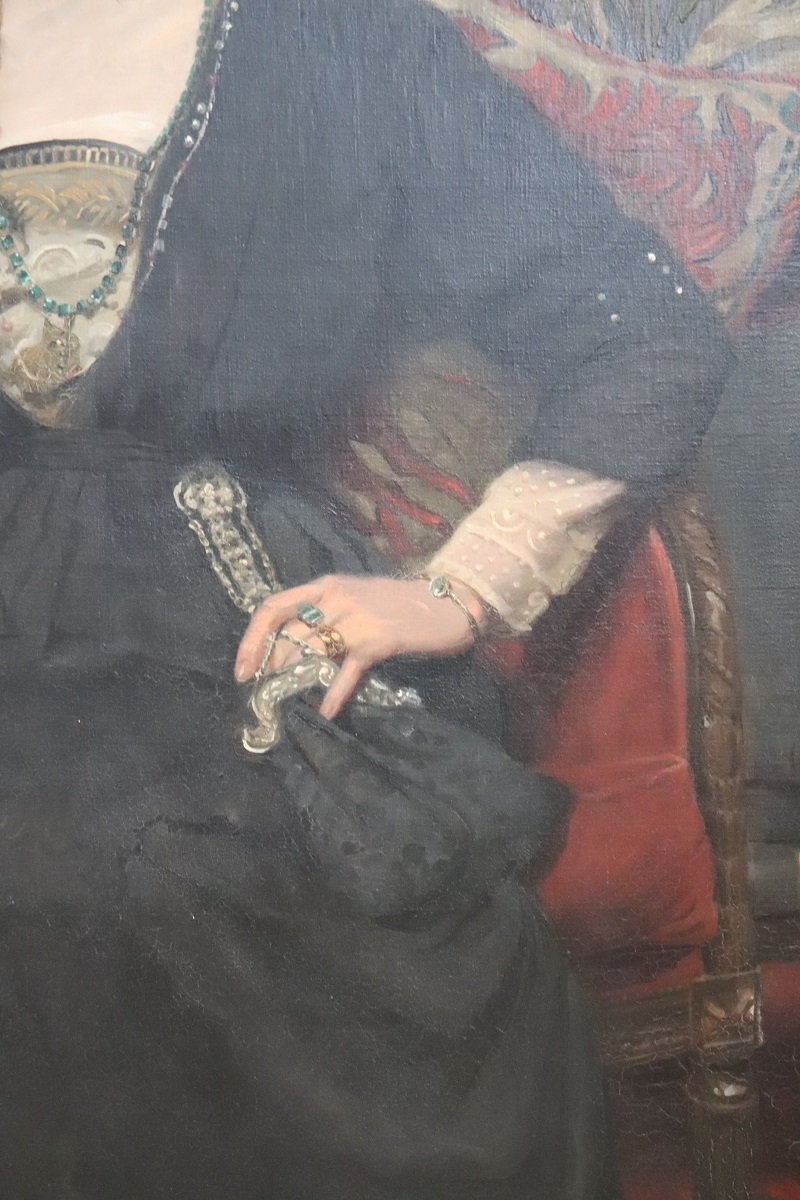 Grande dipinto a olio su tela, Ritratto di una signora, firmato e datato 1913-photo-1