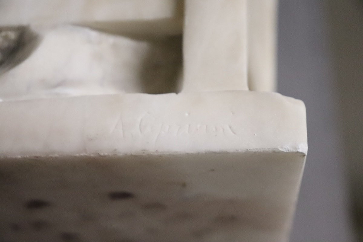 Bimbo scende da sedia, scultura in marmo bianco, Italia fine secolo XIX Firmata-photo-5