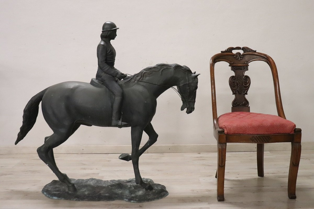 Scultura in bronzo firmata, fantino a cavallo, altezza 103 cm-photo-3
