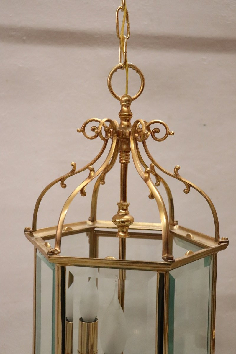 Coppia di lanterne vintage in metallo dorato e vetro-photo-1