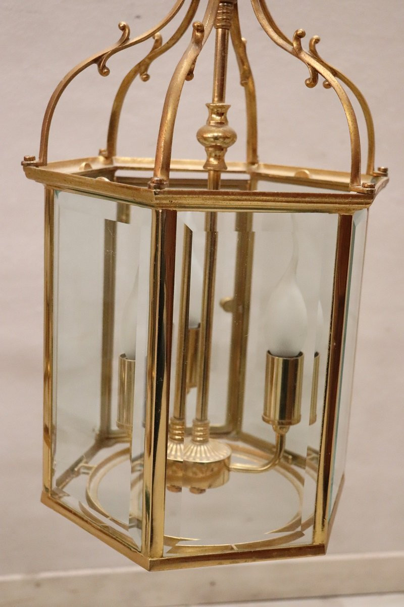 Coppia di lanterne vintage in metallo dorato e vetro-photo-3