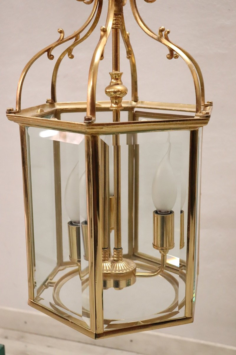 Coppia di lanterne vintage in metallo dorato e vetro-photo-4