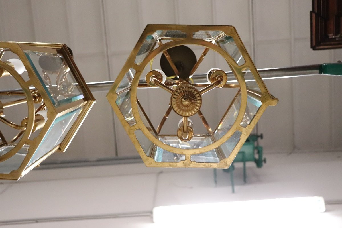 Coppia di lanterne vintage in metallo dorato e vetro-photo-8