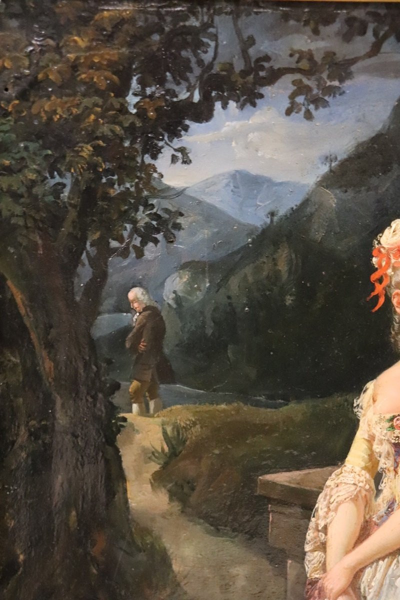 Scena romantica, dipinto a olio, Italia XIX secolo-photo-2