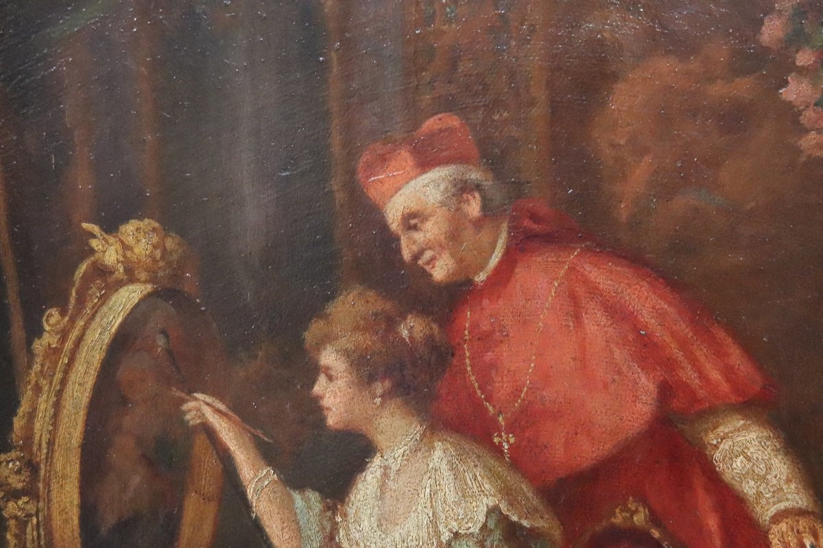 Dipinto ad olio su cartone, Giovane pittrice con cardinale, Italia XIX secolo-photo-2