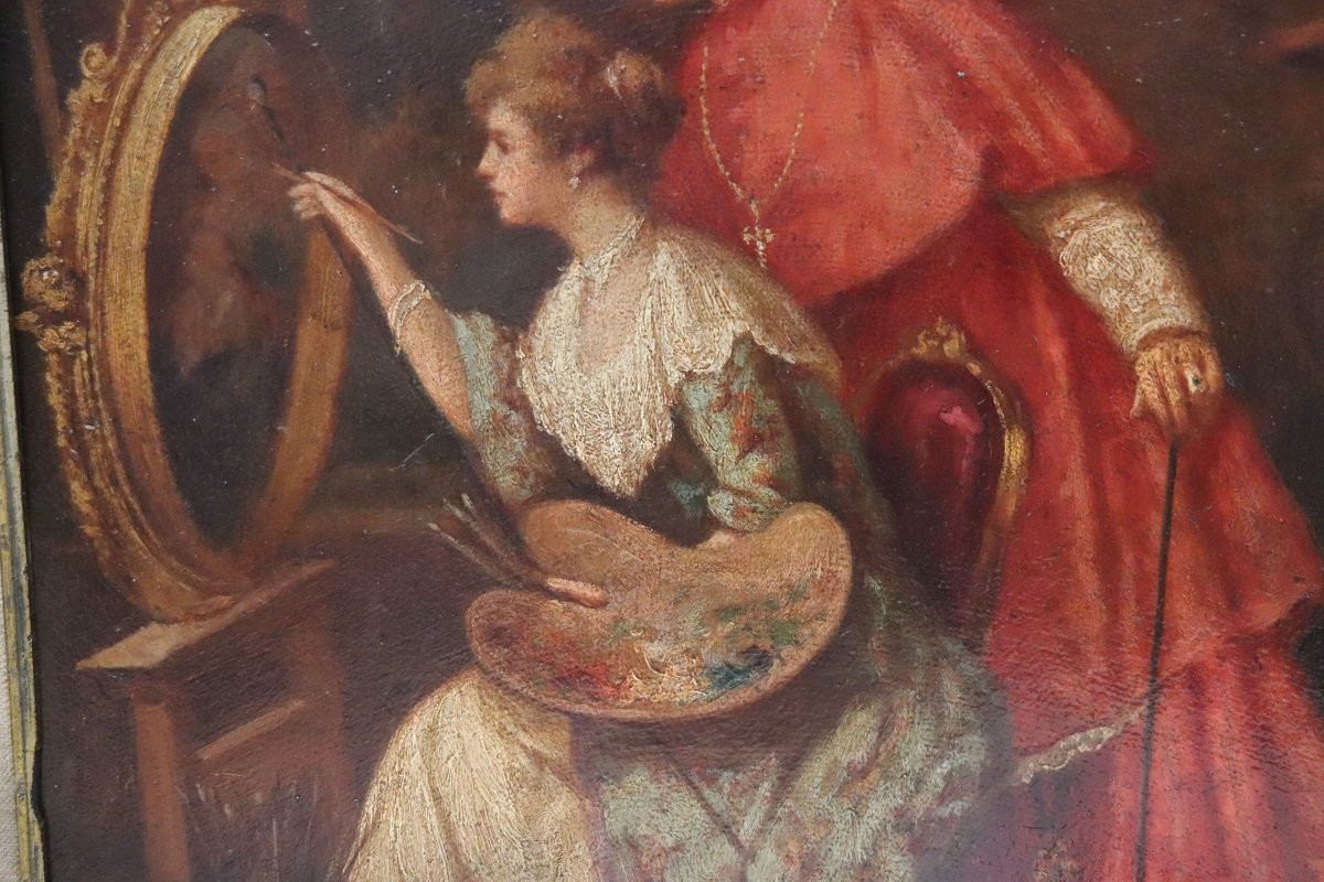 Dipinto ad olio su cartone, Giovane pittrice con cardinale, Italia XIX secolo-photo-3