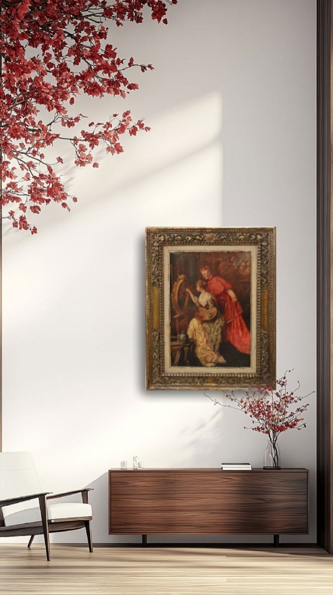 Dipinto ad olio su cartone, Giovane pittrice con cardinale, Italia XIX secolo-photo-4