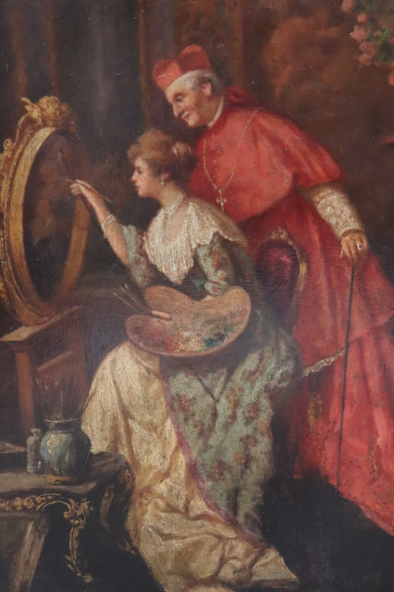 Dipinto ad olio su cartone, Giovane pittrice con cardinale, Italia XIX secolo-photo-1