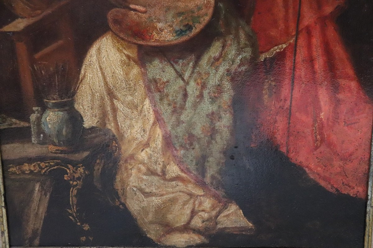 Dipinto ad olio su cartone, Giovane pittrice con cardinale, Italia XIX secolo-photo-2