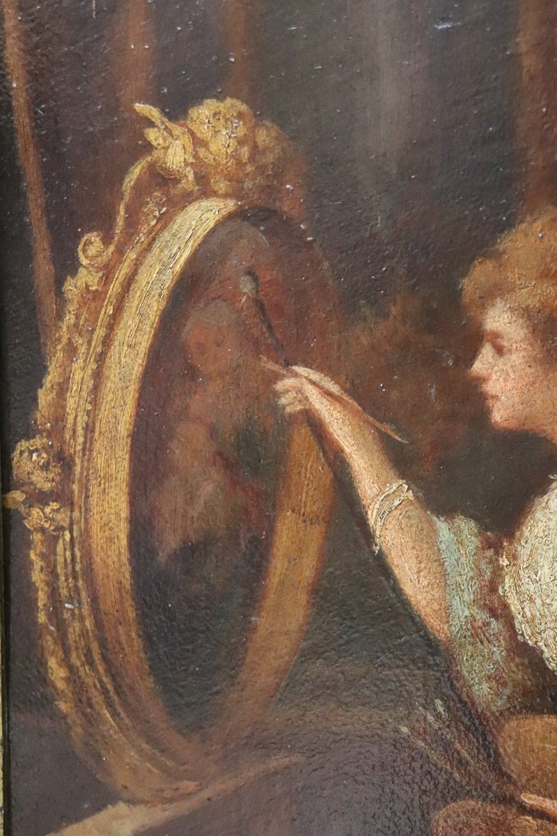 Dipinto ad olio su cartone, Giovane pittrice con cardinale, Italia XIX secolo-photo-4