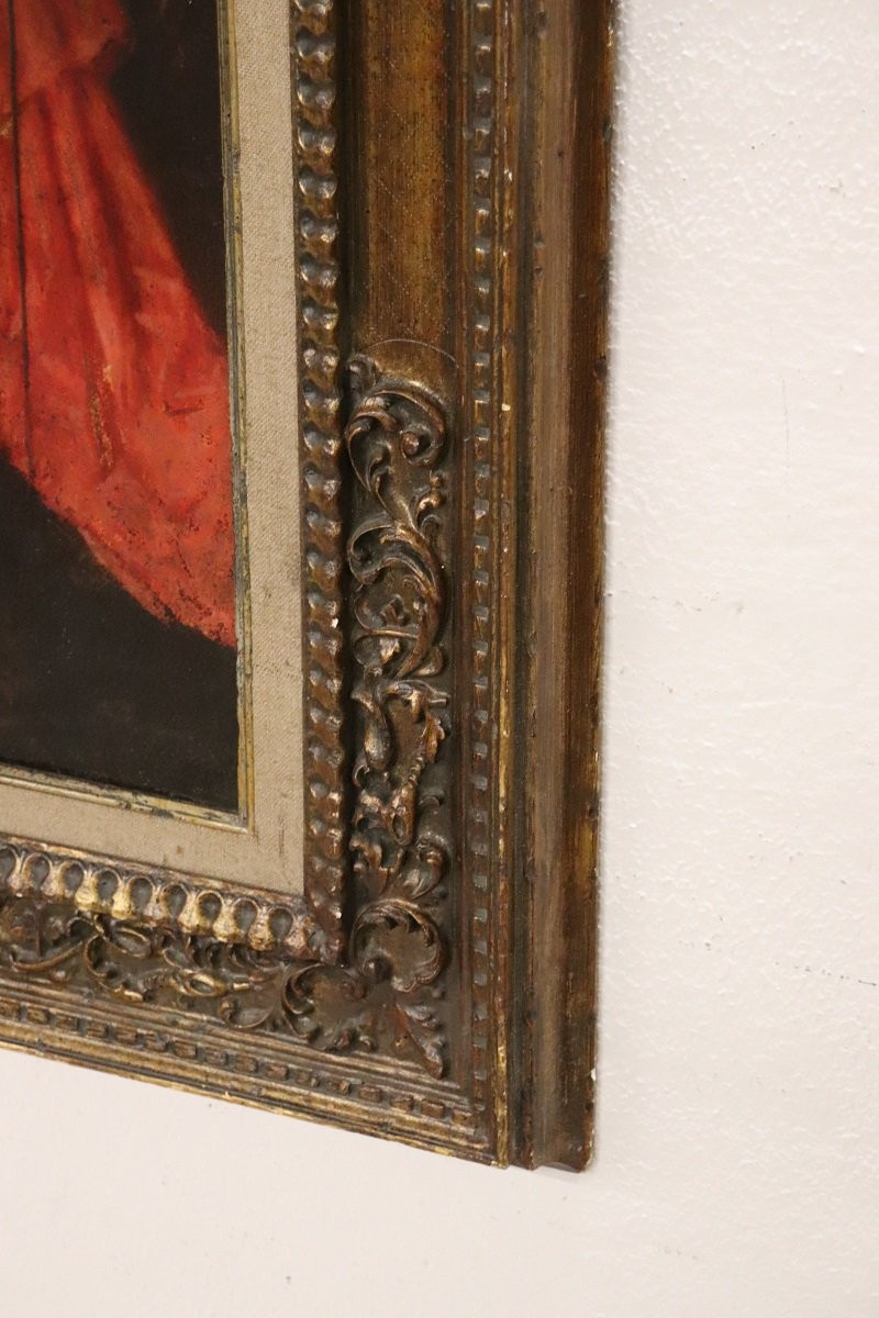 Dipinto ad olio su cartone, Giovane pittrice con cardinale, Italia XIX secolo-photo-7