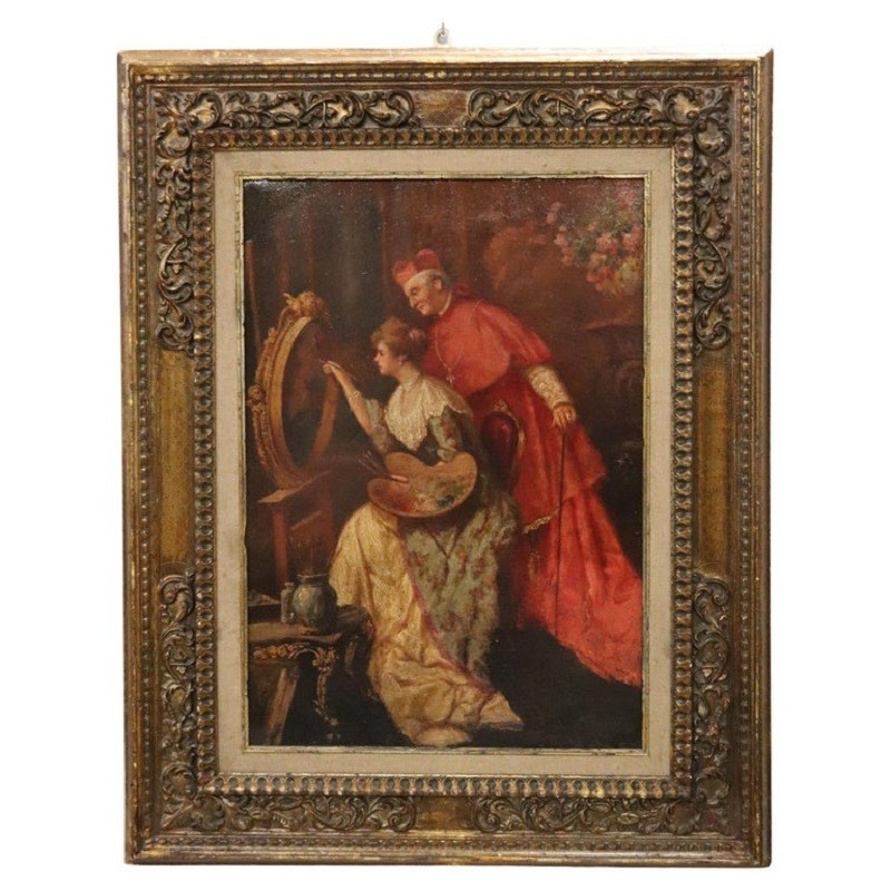 Dipinto ad olio su cartone, Giovane pittrice con cardinale, Italia XIX secolo