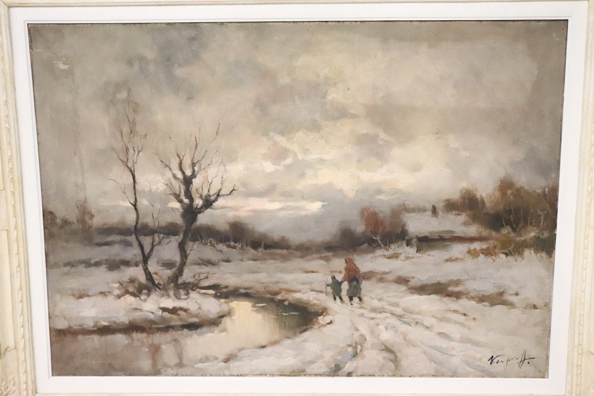 Dipinto ad olio su tela, Paesaggio invernale, firmato Karpoff-photo-7