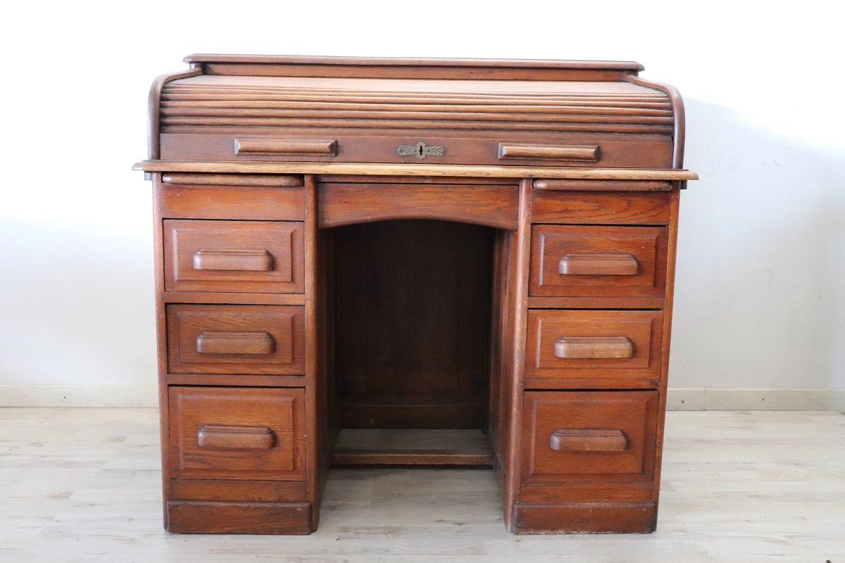Scrivania con piano a rullo in legno di rovere, Italia, inizio XX secolo-photo-2