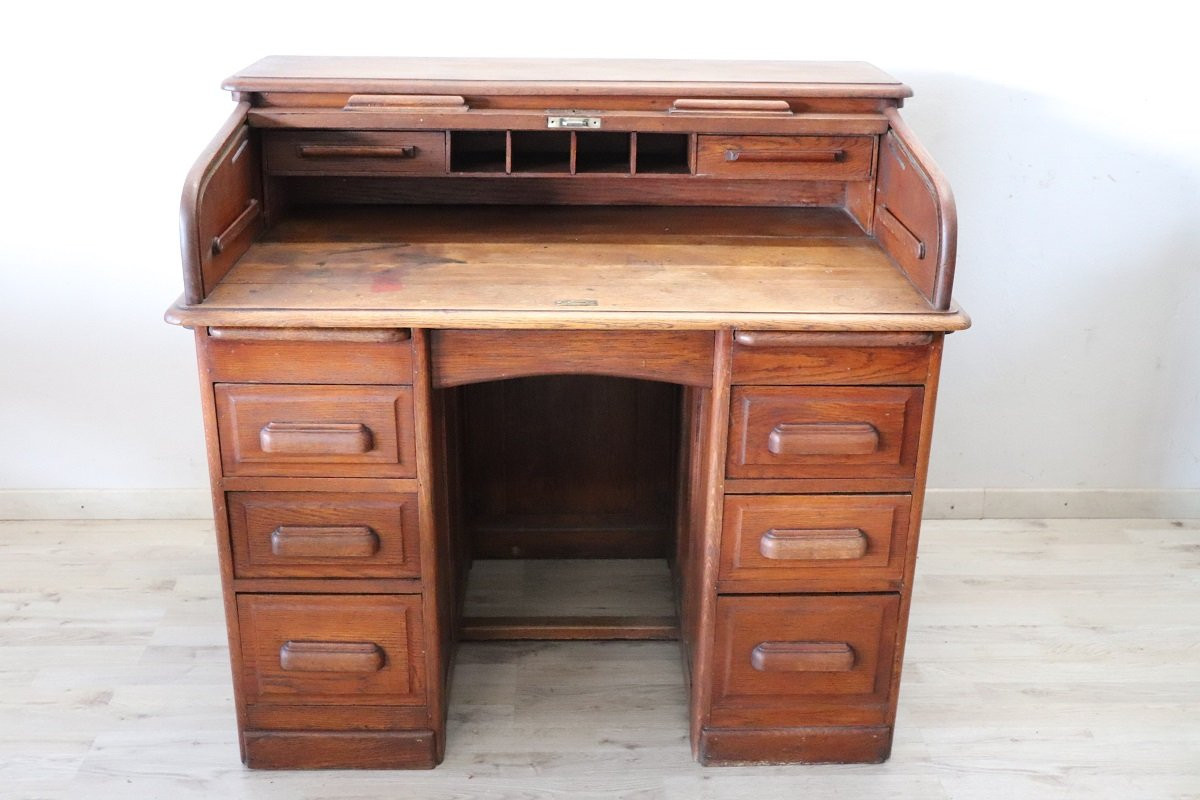 Scrivania con piano a rullo in legno di rovere, Italia, inizio XX secolo-photo-3