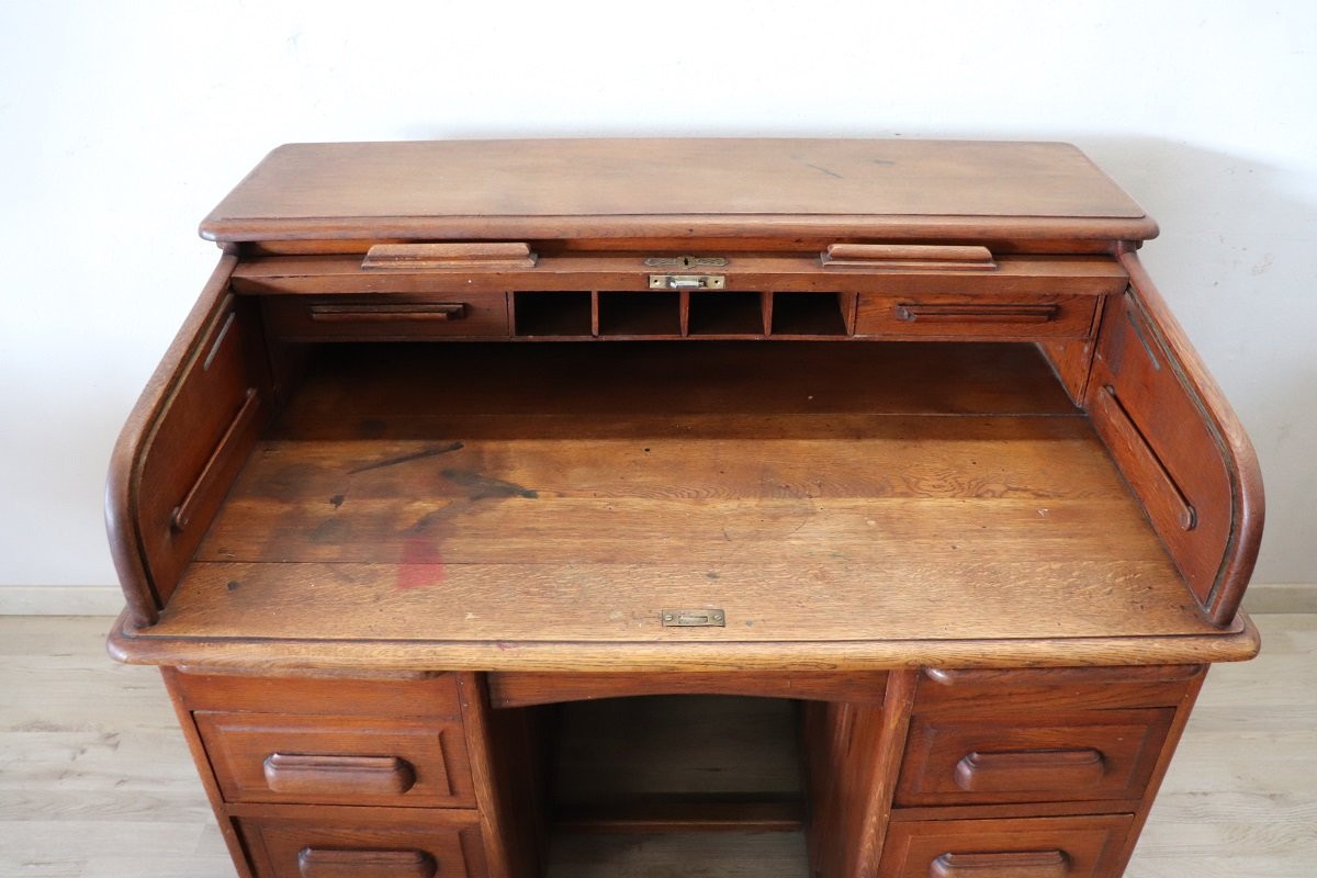 Scrivania con piano a rullo in legno di rovere, Italia, inizio XX secolo-photo-4
